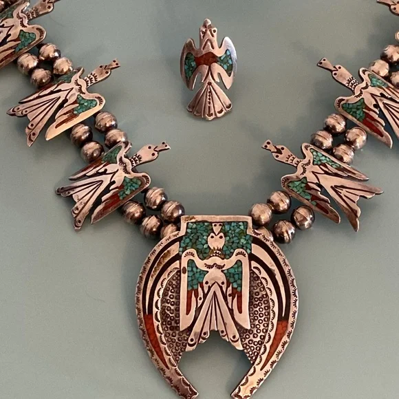 Silver Handmade Vintage Squash Blossom Necklace, Bracelet, Ring - Picture 15 of 16